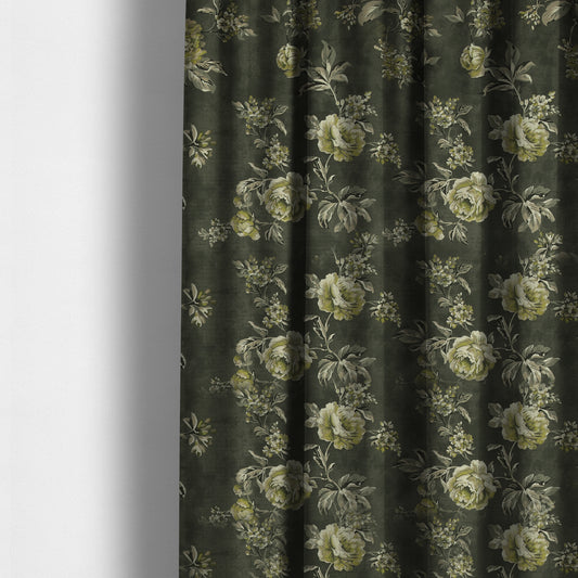 Roxanne Rose Floral Pattern Grey White Colour Printed Chenille Upholstery Curtain Fabrics - Made To Measure Curtains