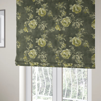 Roxanne Rose Floral Pattern Grey White Colour Printed Chenille Upholstery Curtain Fabrics - Roman Blinds