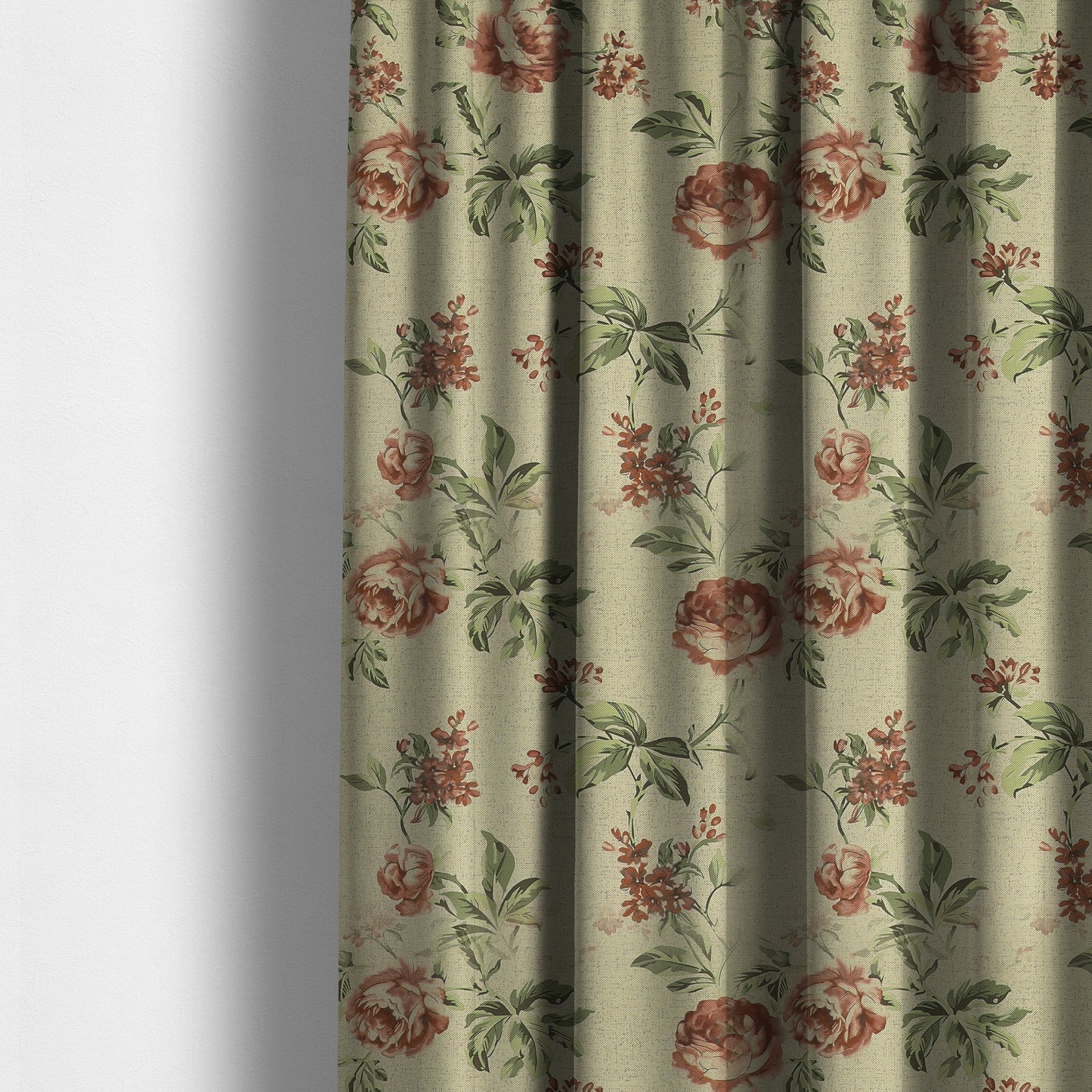 Roxanne Rose Floral Pattern Red Colour Printed Chenille Upholstery Curtain Fabrics - Made To Measure Curtains