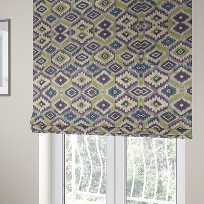 Tracey Geometric Printed Pattern Purple Green Colour Chenille Upholstery Curtain Fabrics - Roman Blinds