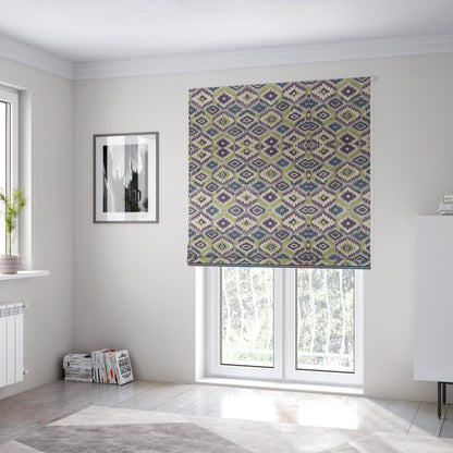 Tracey Geometric Printed Pattern Purple Green Colour Chenille Upholstery Curtain Fabrics - Roman Blinds