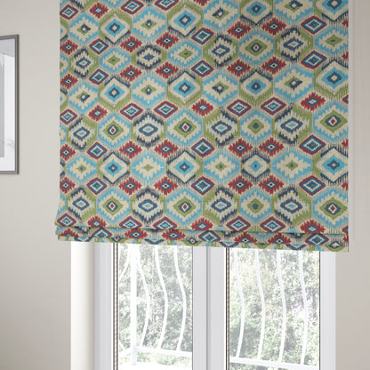 Tracey Geometric Printed Pattern Blue Green Colour Chenille Upholstery Curtain Fabrics - Roman Blinds