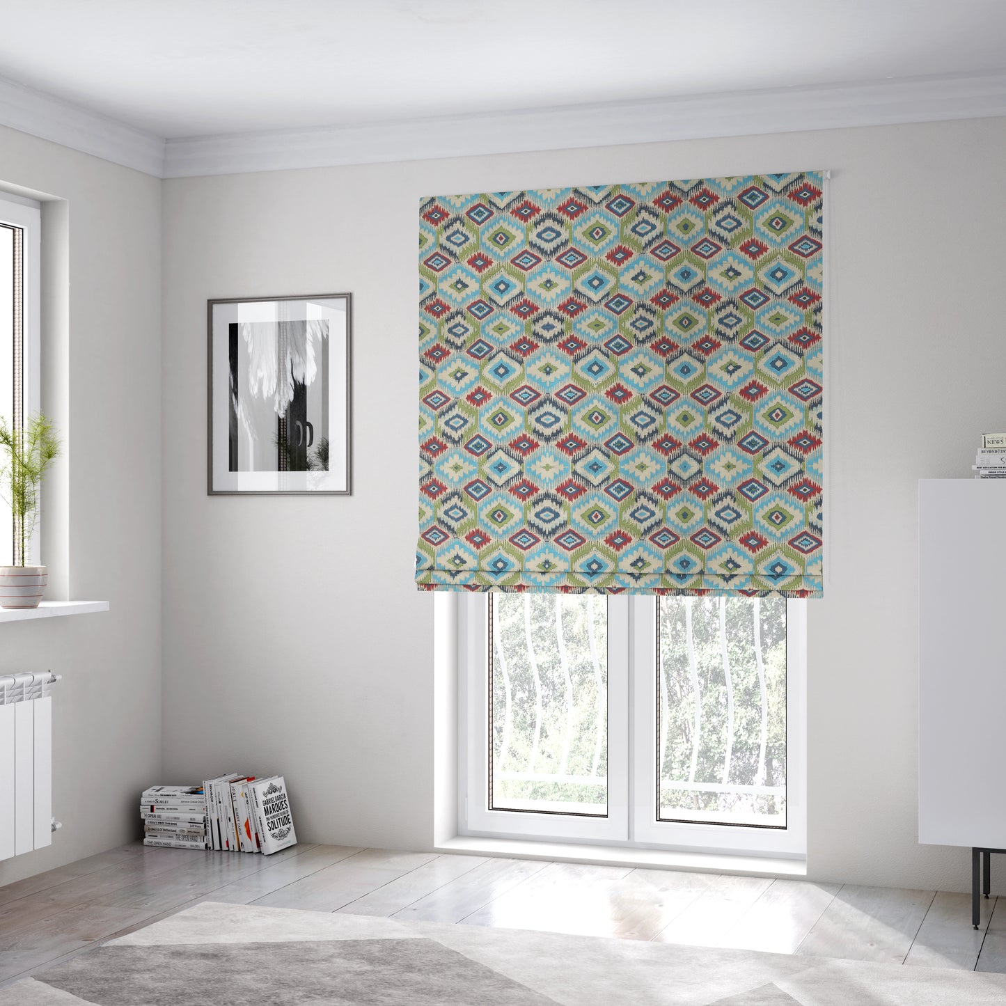 Tracey Geometric Printed Pattern Blue Green Colour Chenille Upholstery Curtain Fabrics - Roman Blinds