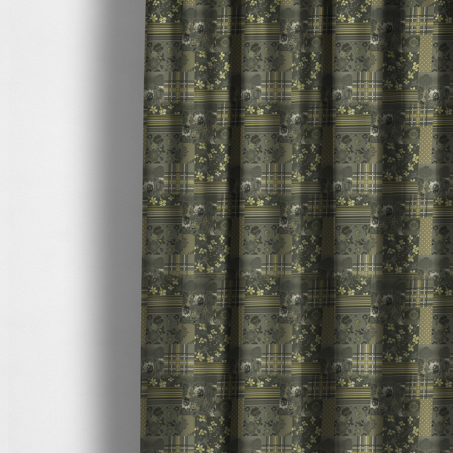 Vanessa Patchwork Pattern Grey Green Colour Chenille Upholstery Curtain Printed Fabric - Made To Measure Curtains