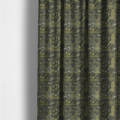 Vanessa Patchwork Pattern Grey Green Colour Chenille Upholstery Curtain Printed Fabric - Made To Measure Curtains