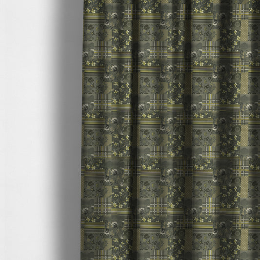 Vanessa Patchwork Pattern Grey Green Colour Chenille Upholstery Curtain Printed Fabric - Made To Measure Curtains