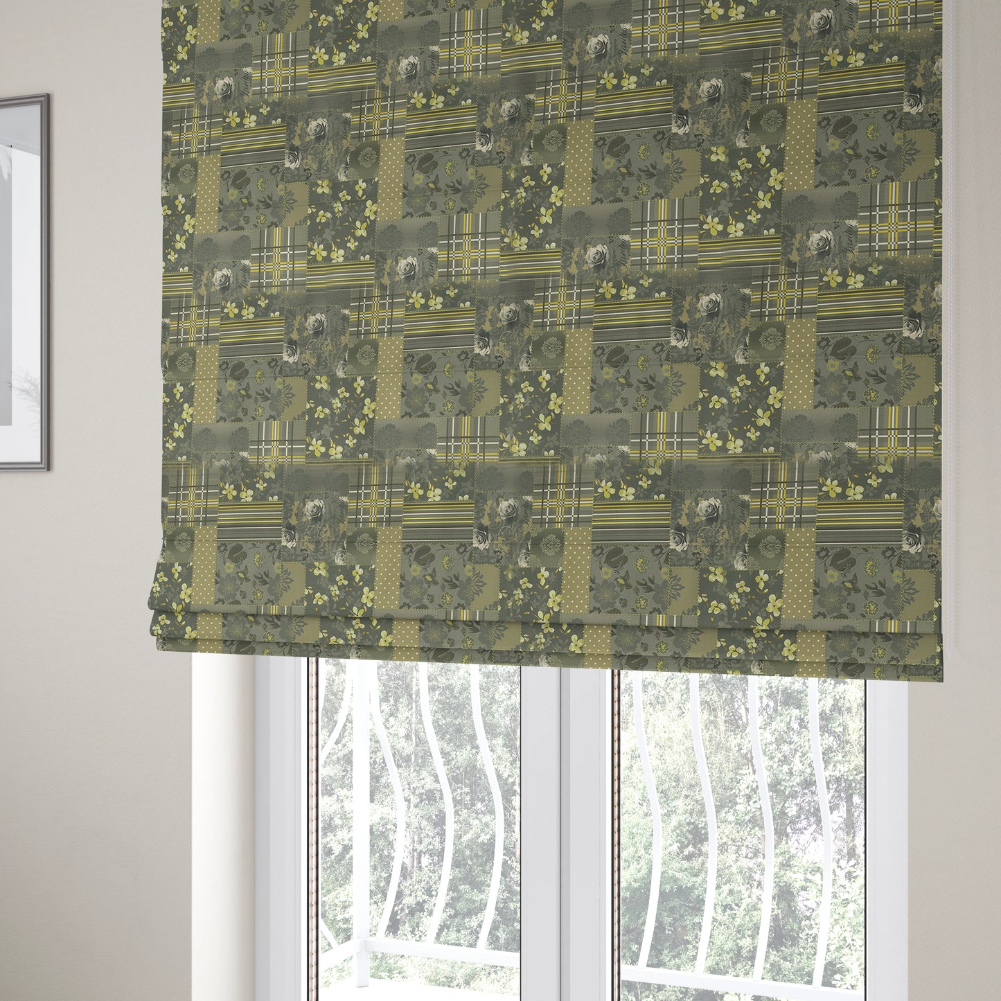 Vanessa Patchwork Pattern Grey Green Colour Chenille Upholstery Curtain Printed Fabric - Roman Blinds