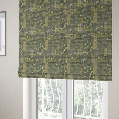 Vanessa Patchwork Pattern Grey Green Colour Chenille Upholstery Curtain Printed Fabric - Roman Blinds