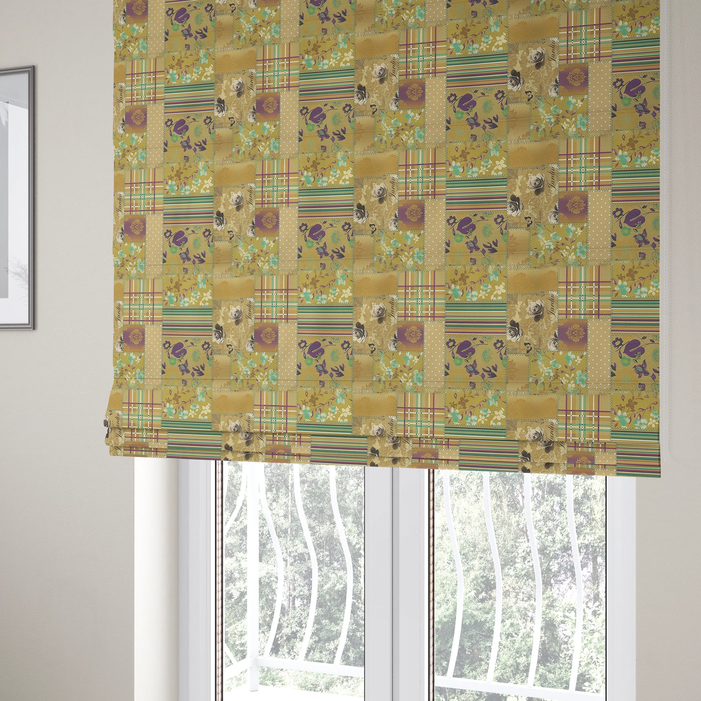 Vanessa Patchwork Pattern Gold Purple Colour Chenille Upholstery Curtain Printed Fabric - Roman Blinds