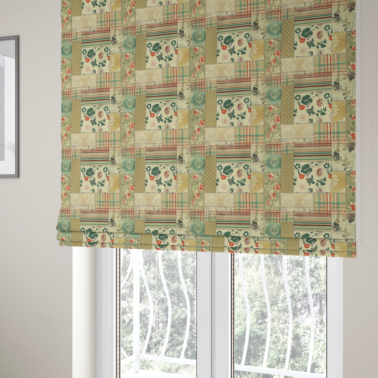 Vanessa Patchwork Pattern Natural Pink Colour Chenille Upholstery Curtain Printed Fabric - Roman Blinds