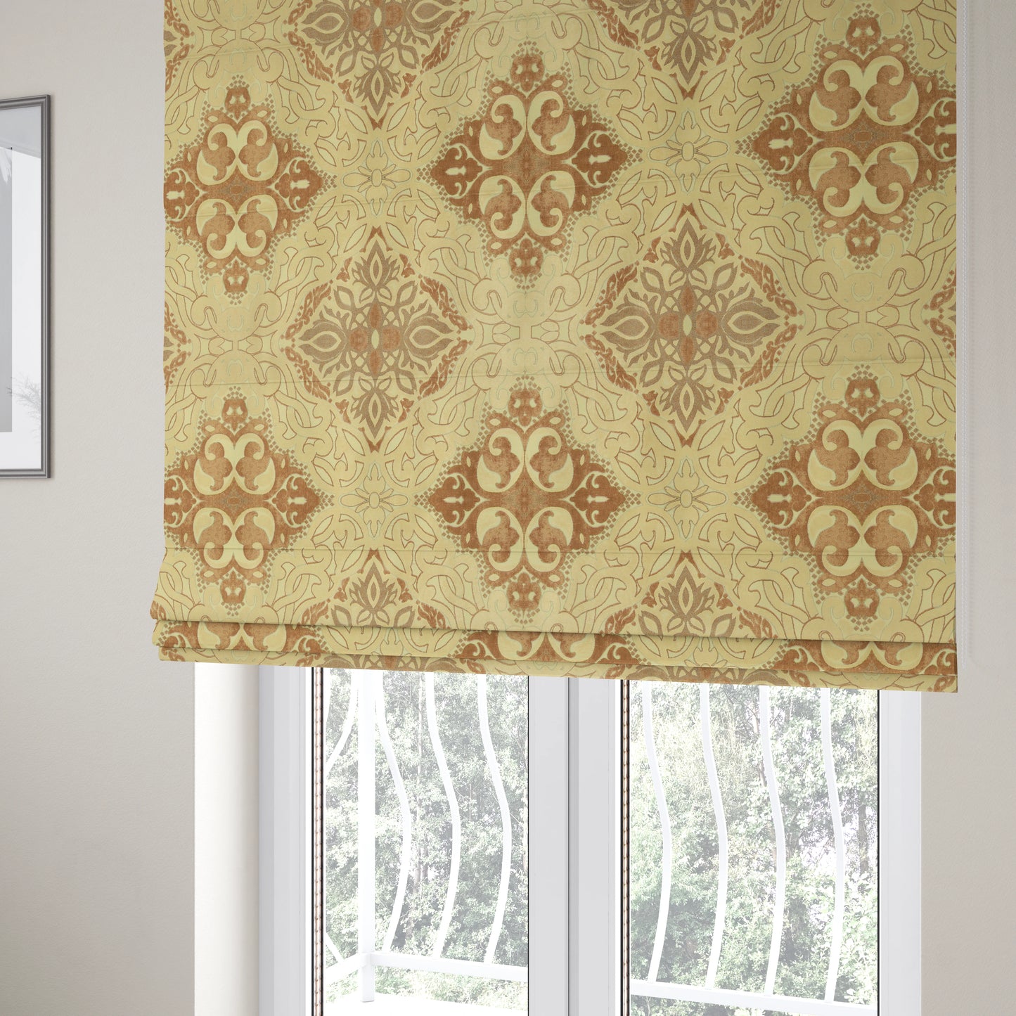 Casablanca Medallion Pattern Velvet Textured Furnishing Fabric In Brown Colour - Roman Blinds