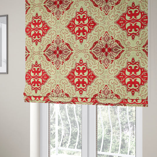 Casablanca Medallion Pattern Velvet Textured Furnishing Fabric In Red Colour - Roman Blinds