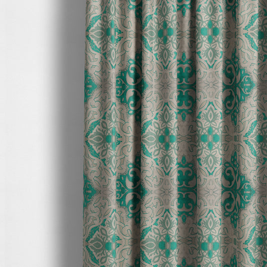 Casablanca Medallion Pattern Velvet Textured Furnishing Fabric In Teal Colour - Made To Measure Curtains