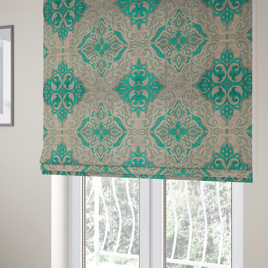 Casablanca Medallion Pattern Velvet Textured Furnishing Fabric In Teal Colour - Roman Blinds