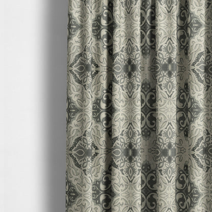 Casablanca Medallion Pattern Velvet Textured Furnishing Fabric In Black Grey Colour - Made To Measure Curtains