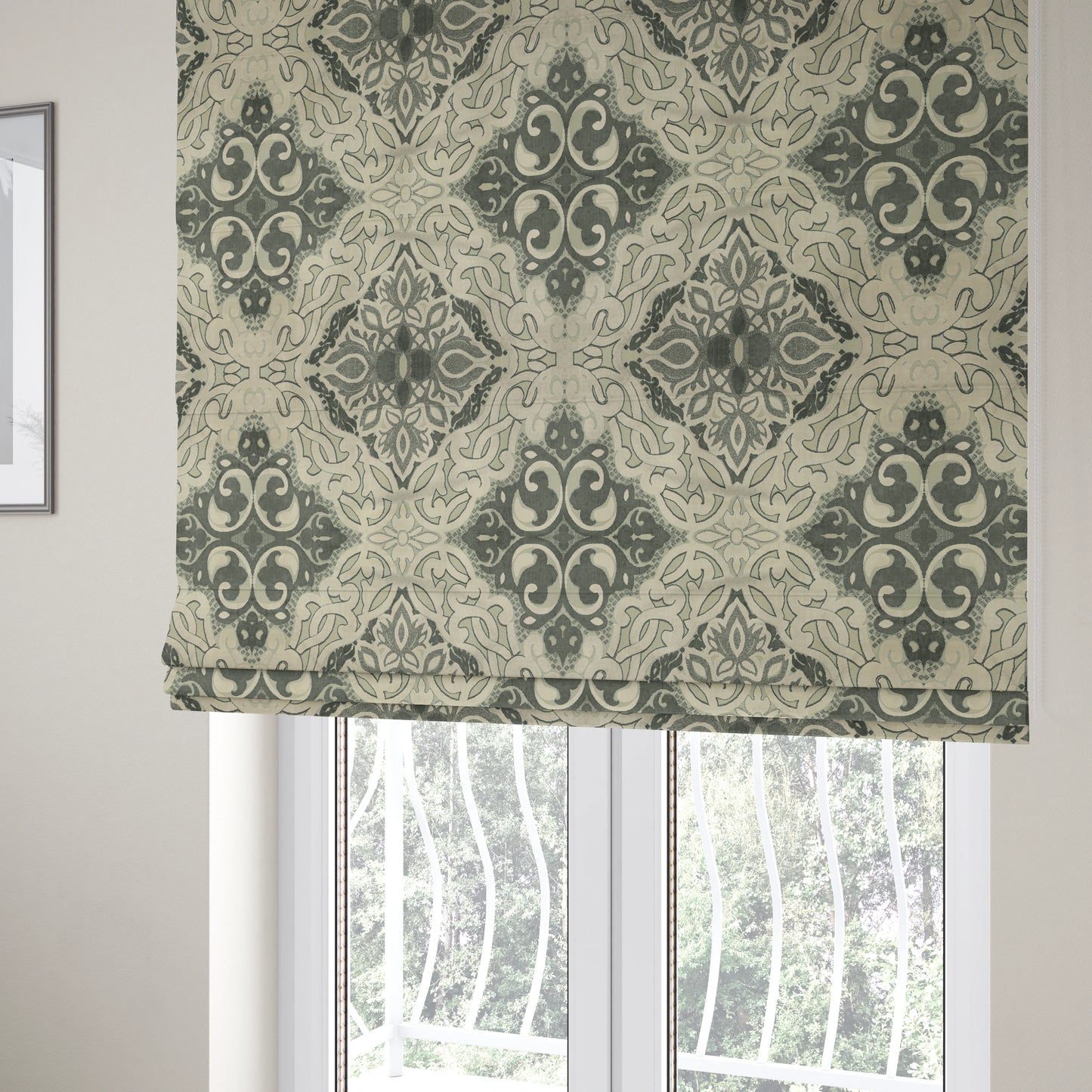 Casablanca Medallion Pattern Velvet Textured Furnishing Fabric In Black Grey Colour - Roman Blinds