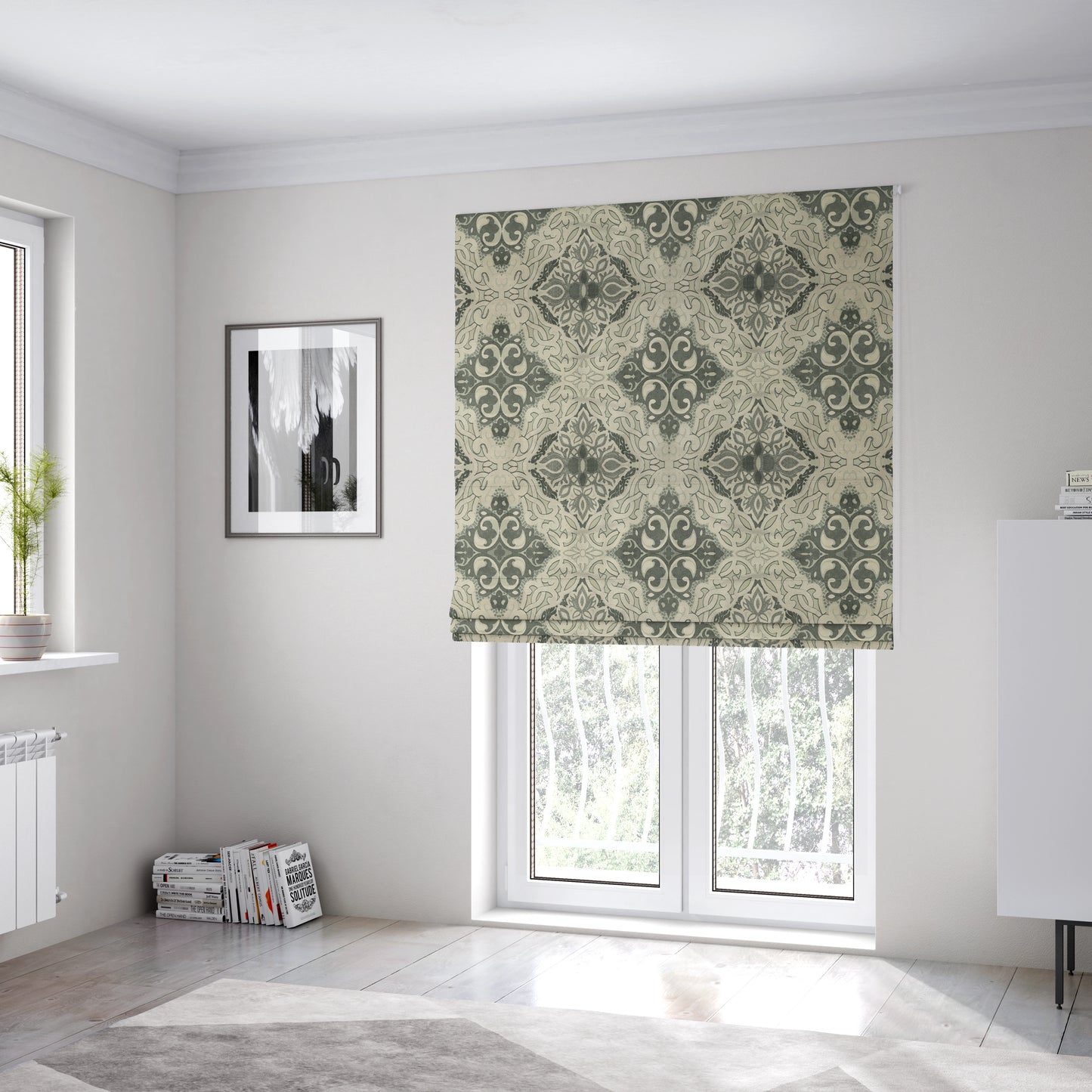 Casablanca Medallion Pattern Velvet Textured Furnishing Fabric In Black Grey Colour - Roman Blinds