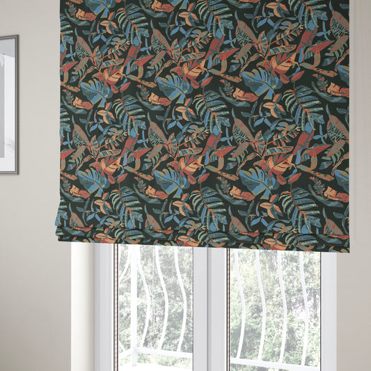 Colony Jungle Leafs Pattern Printed Velveteen Black Colour Upholstery Curtains Fabric - Roman Blinds