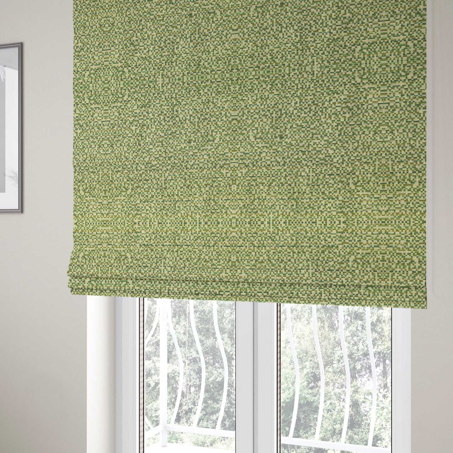 Comfy Chenille Textured Tetris Semi Plain Pattern Upholstery Fabric In Green - Roman Blinds