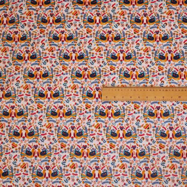 Colourful Harmony Folk Bird With Floral Pattern Upholstery Fabric DP-01 - Roman Blinds