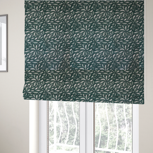 Deep Teal and Ivory Foliage Upholstery Fabric DP-05 - Roman Blinds