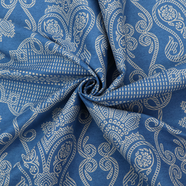 An ornate, traditional damask upholstery fabric on a rich blue background featuring intricate cream-coloured symmetrical floral and paisley motifs divided horizontally by a decorative lattice and scroll border.   