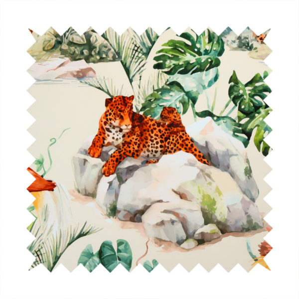 A tropical fabric pattern featuring leopards lounging on rocks amidst lush green foliage, palm fronds, and vibrant orange birds against a light background.