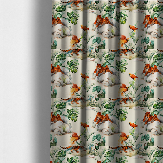 The fabric used to create these made-to-measure curtains s a tropical fabric pattern featuring leopards lounging on rocks amidst lush green foliage, palm fronds, and vibrant orange birds against a light background.