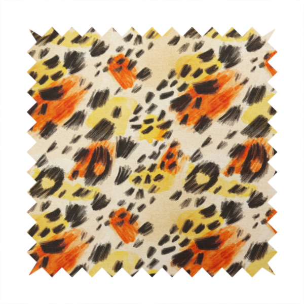 An abstract leopard print fabric featuring a light beige background with painterly, watercolour-style spots in shades of burnt orange, vibrant yellow, and charcoal black, accented with dashed, hand-drawn sketch lines.