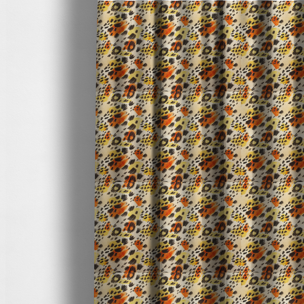 The fabric used to create these made-to-measure curtains is an abstract leopard print fabric featuring a light beige background with painterly, watercolour-style spots in shades of burnt orange, vibrant yellow, and charcoal black, accented with dashed, hand-drawn sketch lines.