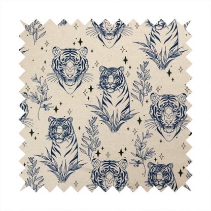 A seamless pattern fabric featuring line-drawn navy blue tigers, leafy botanical branches, and small sparkling star accents set against a light beige background.   