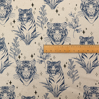 A seamless pattern fabric featuring line-drawn navy blue tigers, leafy botanical branches, and small sparkling star accents set against a light beige background.   