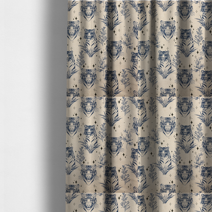 The fabric used to create these made-to-measure curtains is a  seamless pattern fabric featuring line-drawn navy blue tigers, leafy botanical branches, and small sparkling star accents set against a light beige background.   