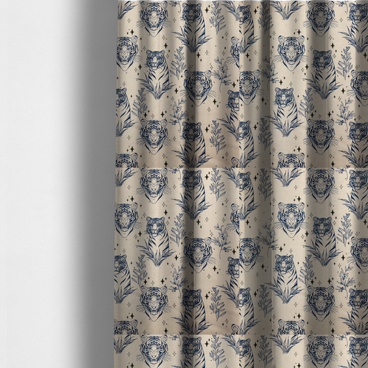 The fabric used to create these made-to-measure curtains is a  seamless pattern fabric featuring line-drawn navy blue tigers, leafy botanical branches, and small sparkling star accents set against a light beige background.   