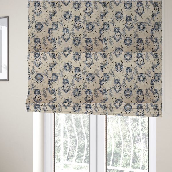 The fabric used to create these Roman blinds is a seamless pattern fabric featuring line-drawn navy blue tigers, leafy botanical branches, and small sparkling star accents set against a light beige background.   