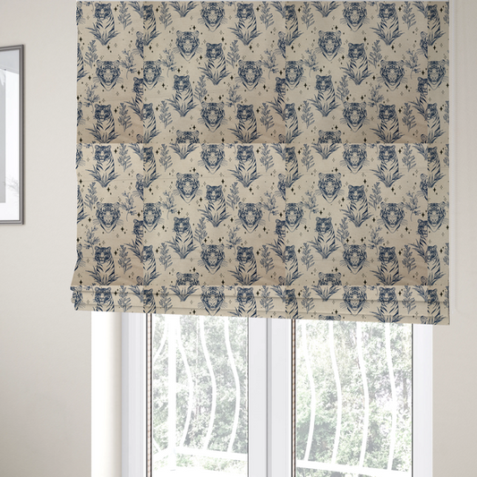 The fabric used to create these Roman blinds is a seamless pattern fabric featuring line-drawn navy blue tigers, leafy botanical branches, and small sparkling star accents set against a light beige background.   