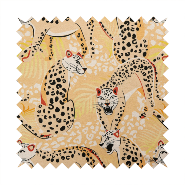 A playful patterned fabric featuring illustrated leopards in various poses with black spots and red-tipped ears, set against a warm yellow and beige jungle foliage background.   