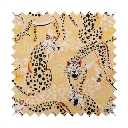 A playful patterned fabric featuring illustrated leopards in various poses with black spots and red-tipped ears, set against a warm yellow and beige jungle foliage background.   