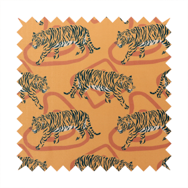 A striking upholstery fabric on a warm mustard-yellow background featuring a repeating pattern of prowling tigers in black stripes over abstract terracotta-coloured organic shapes.   