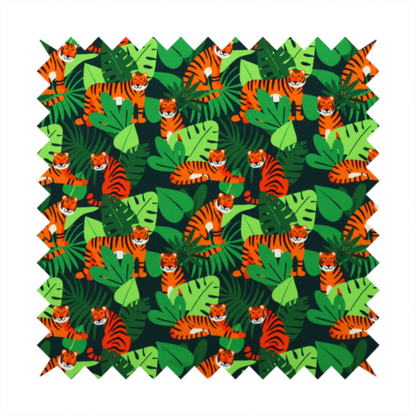 A vibrant jungle pattern fabric featuring orange and black tigers nestled among lush green tropical leaves and foliage against a dark background.   