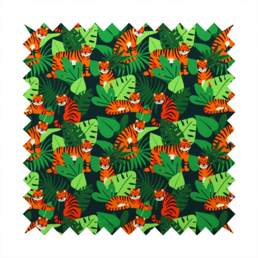 A vibrant jungle pattern fabric featuring orange and black tigers nestled among lush green tropical leaves and foliage against a dark background.   