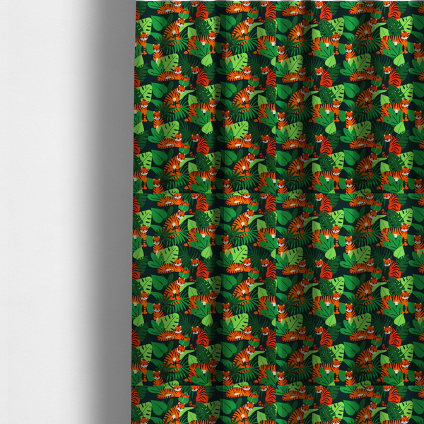 The fabric used to create these made-to-measure curtains is a vibrant jungle pattern fabric featuring orange and black tigers nestled among lush green tropical leaves and foliage against a dark background.   