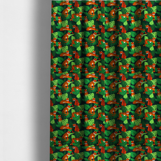 The fabric used to create these made-to-measure curtains is a vibrant jungle pattern fabric featuring orange and black tigers nestled among lush green tropical leaves and foliage against a dark background.   