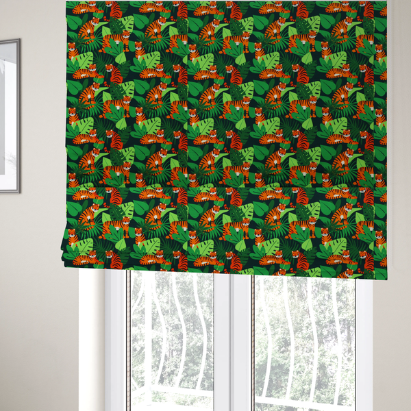 The fabric used to create these Roman blinds is a vibrant jungle pattern fabric featuring orange and black tigers nestled among lush green tropical leaves and foliage against a dark background.   