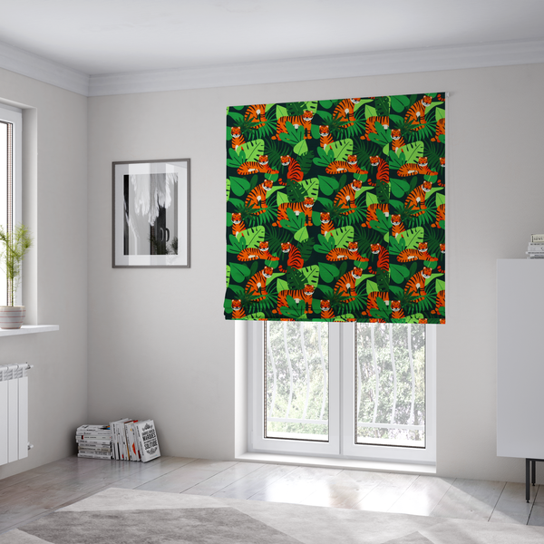 The fabric used to create these Roman blinds is a vibrant jungle pattern fabric featuring orange and black tigers nestled among lush green tropical leaves and foliage against a dark background.   