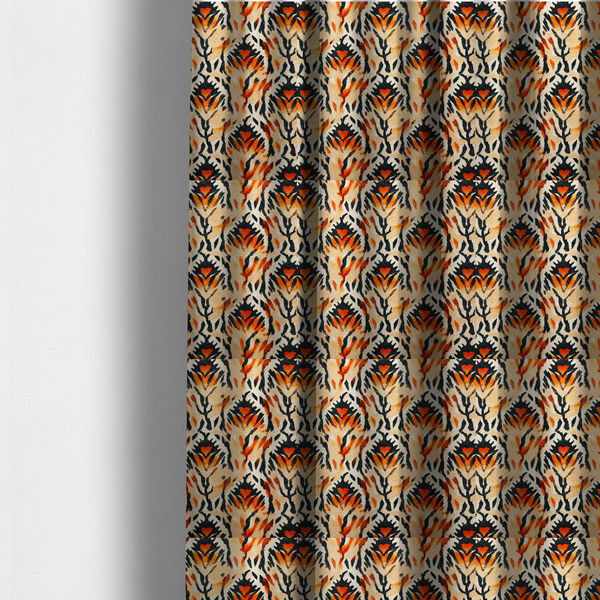 The fabric used to create these made-to-measure curtains is a abstract ikat fabric pattern featuring symmetrical, feather-like motifs in shades of burnt orange, cream, and dark charcoal black against a textured light background.   