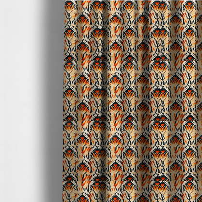 The fabric used to create these made-to-measure curtains is a abstract ikat fabric pattern featuring symmetrical, feather-like motifs in shades of burnt orange, cream, and dark charcoal black against a textured light background.   