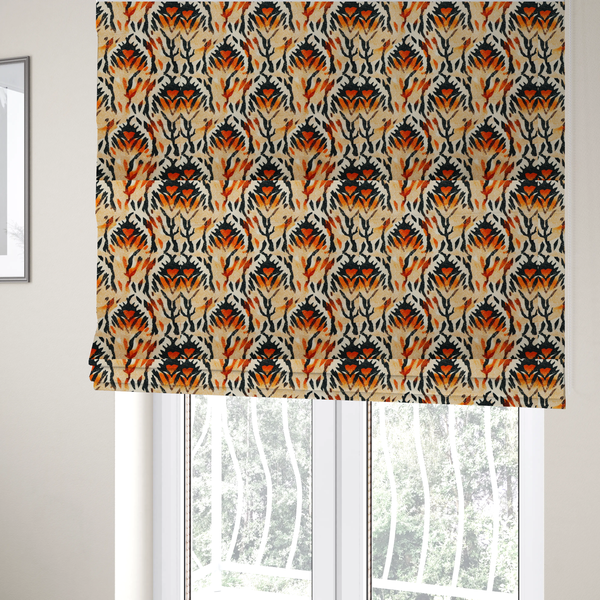 The fabric used to create these Roman blinds is a abstract ikat fabric pattern featuring symmetrical, feather-like motifs in shades of burnt orange, cream, and dark charcoal black against a textured light background.   