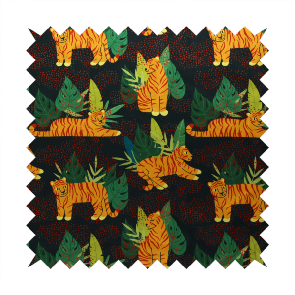 A vibrant fabric pattern featuring illustrated orange tigers in various poses surrounded by dark green tropical leaves and foliage against a dark background with red dotted accents.   