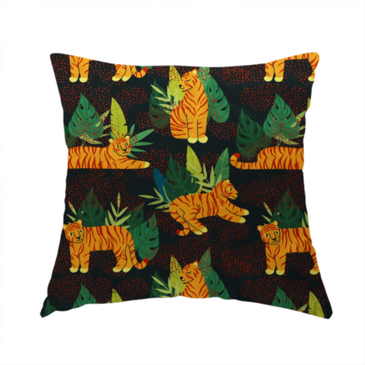 The fabric used to create this handmade cushion is a vibrant fabric pattern featuring illustrated orange tigers in various poses surrounded by dark green tropical leaves and foliage against a dark background with red dotted accents.   